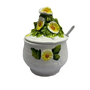 Vintage Lefton Daisy Jam Honey Pot 3858 Basketweave Ceramic Jar with Spoon Japan